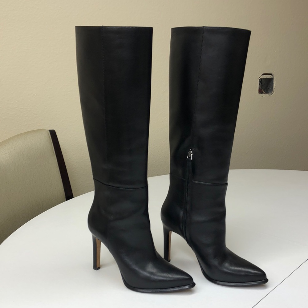 PAIGE Black Leather Knee-High Stiletto Boots - Picture 1 of 6